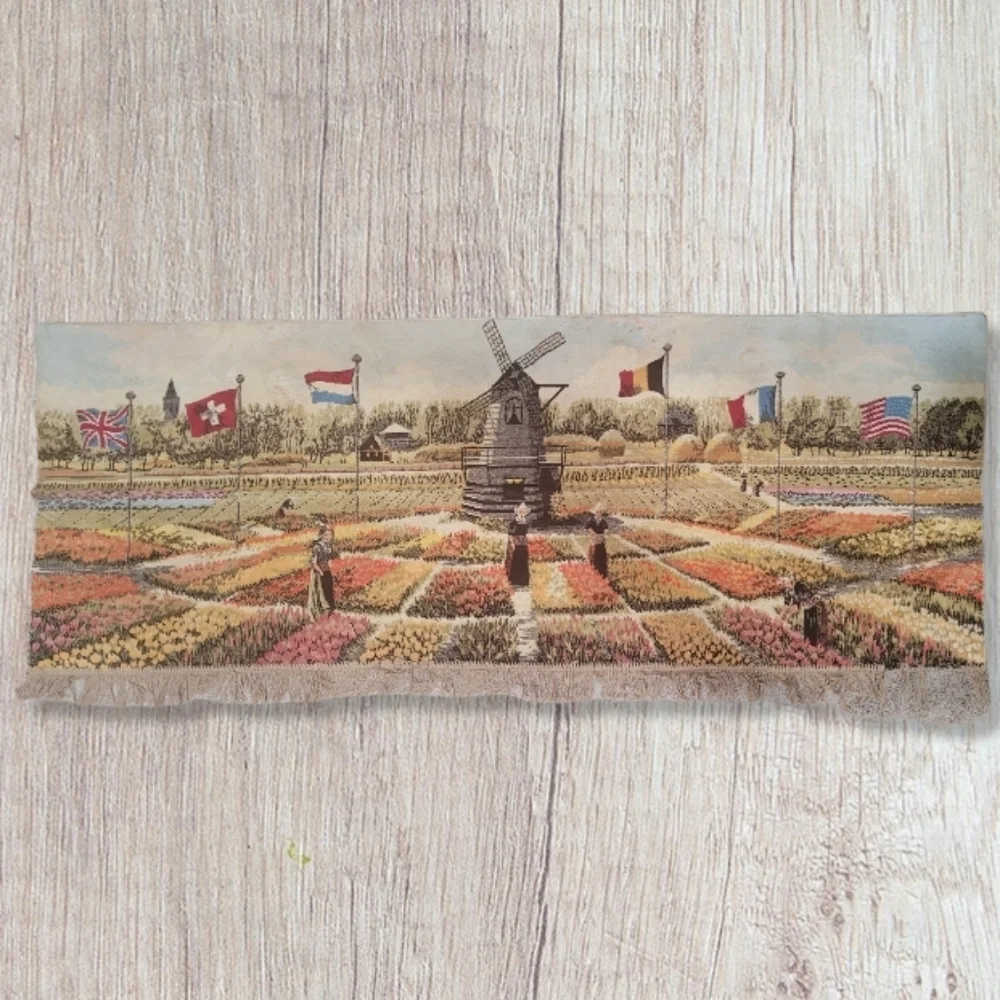 VTG Large Holland Tapestry with Fringe 66x28 Windmill & Flags